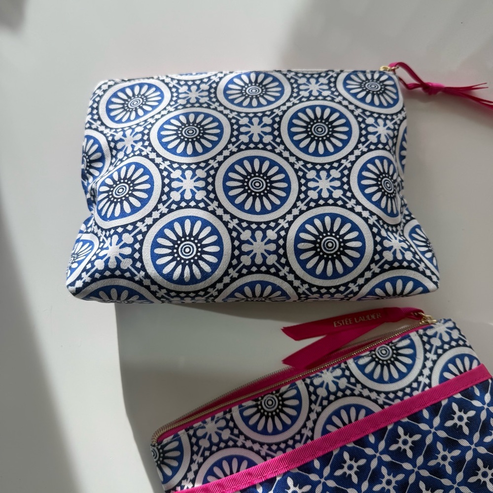 Estee Lauder Blue, White and Pink Patterned Cosmetic Bags
